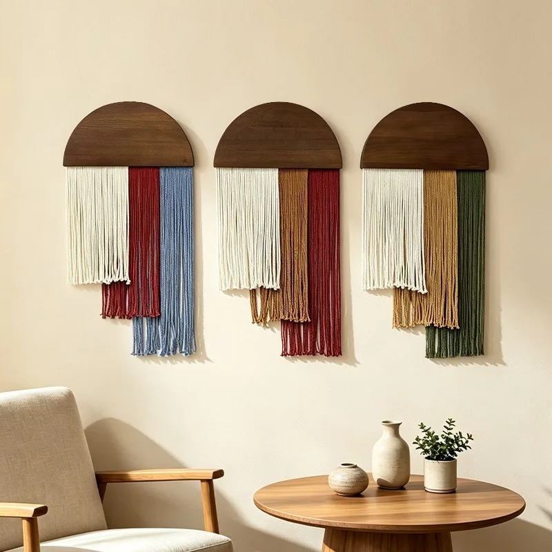 Tassels Wood Fringed Tapestry Cotton Thread Woven Wall Accents Semicircle Boho Home Hanging Decor Home Decoration Ornaments