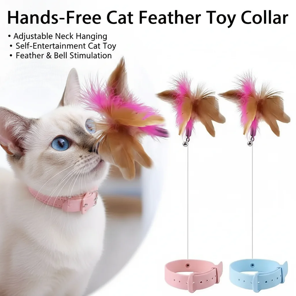 Freihändiges Katzen-Federspielzeug-Halsband, verstellbar, zum Umhängen, selbstunterhaltendes Katzenspielzeug, Halsband mit Feder und Glocke, Katzenspielzeug