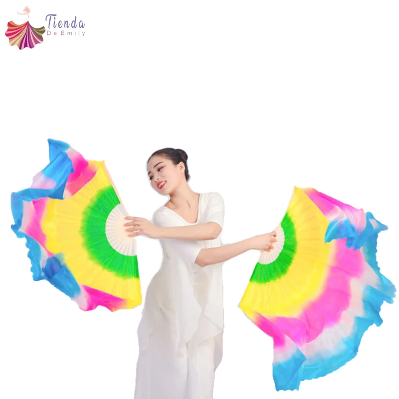 1Pair Colorful Belly Dancing Silk Bamboo Fans Veils Square Dance Short Veil Lengthen Folding Hand Fans Yangko Performance Props