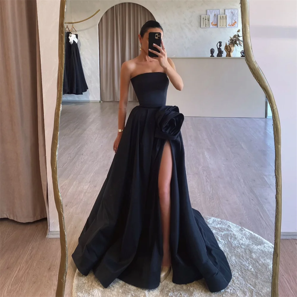 

Customized Evening Gown Saudi Arabia Prom Dearin Strapless A-line Floor Length 3D Rose Flower Sleeveless Bespoke Occasion Dresse