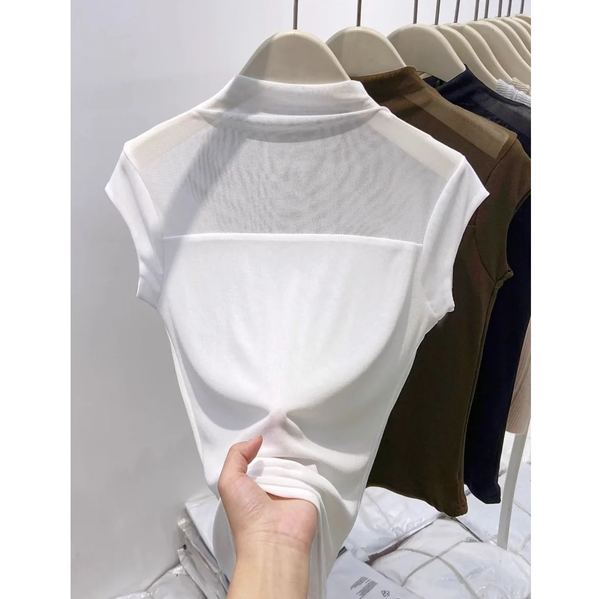 Lace Mesh Short Sleeve T-Shirt Women Summer 2025 New Style Half High Collar Sexy Hollow out Slimming Base Shirt Top