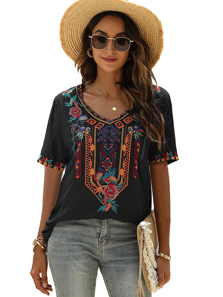 KHALEE YOSE black Floral Embroidery Blouse Tops Boho Vintage Chic V-neck Women Shirt 23xl Loose Hippie Ladies Holiday Shirt Tops