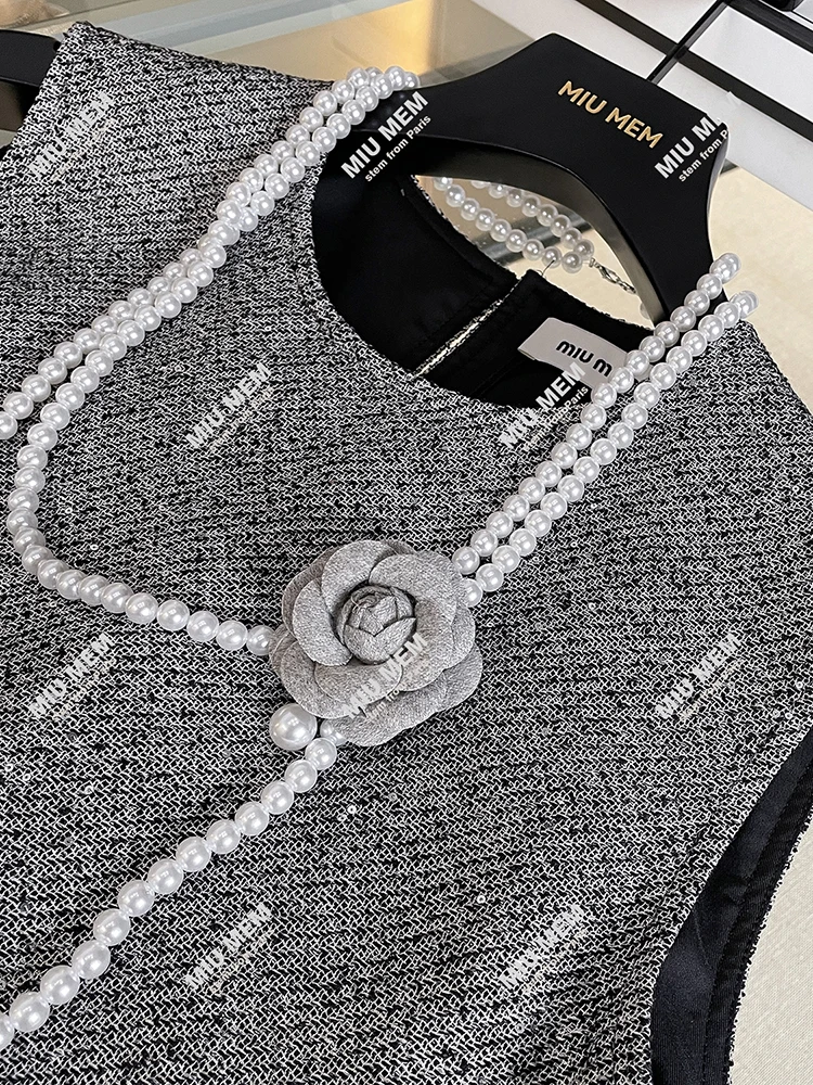 Damska letnia kamizelka tweedowa z perłowym łańcuszkiem South Oil High-End, spódnica midi w stylu A-line Dr Ele Commute Sle ort