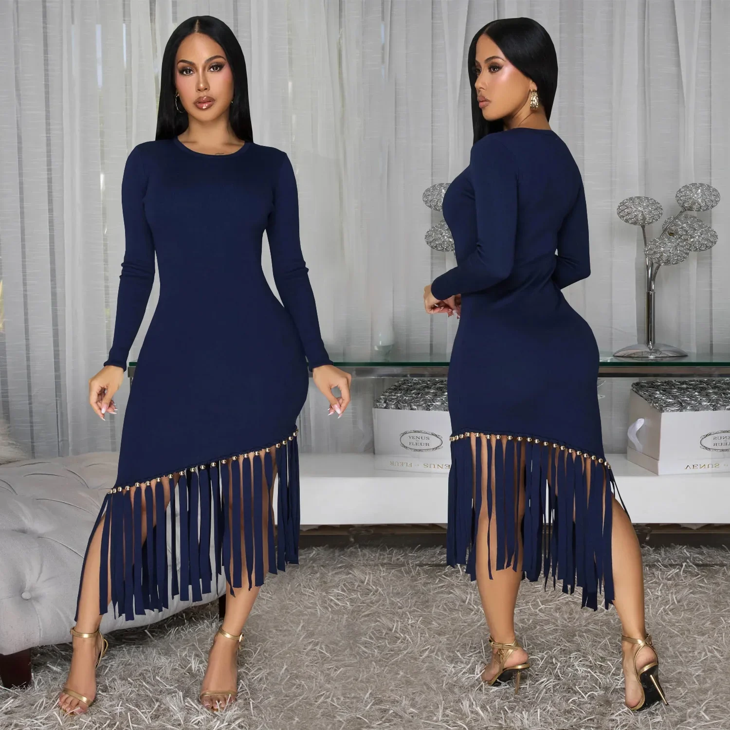 فستان خريف وشتاء للشارع للنساء سادة برقبة دائرية وأكمام طويلة وحاشية نحيفة فساتين طويلة ميدي عتيقة مثيرة Vestido2025