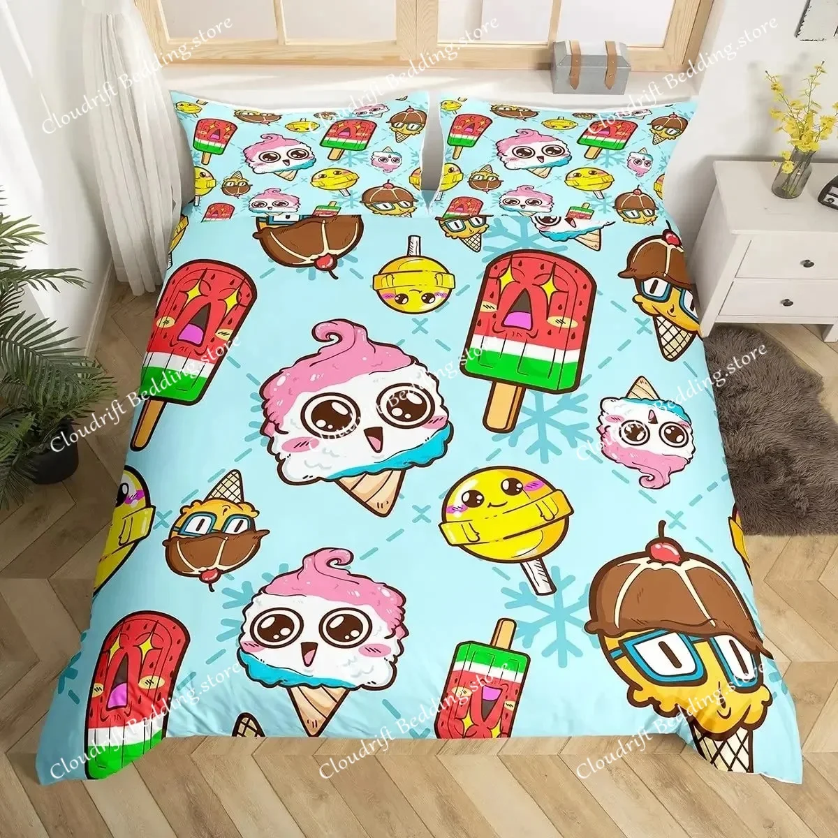 Summer Theme Duvet Cover Set,Cartoon Fruits Ice Cream Bedding Set Dessert Food Soft Light Khaki Quilt Cover