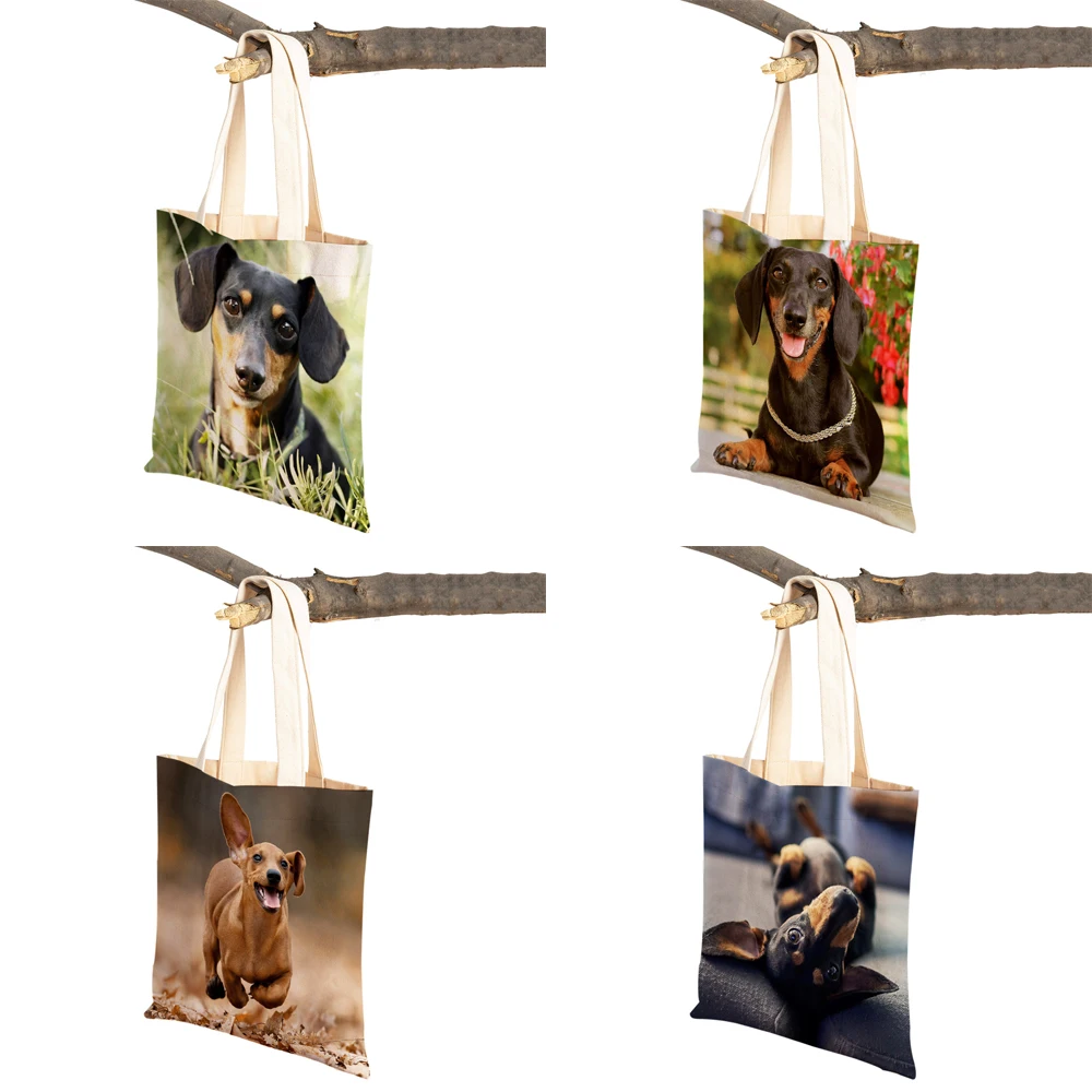 Mini Dachshund Dog Women Canvas Lady Tote Handbag Reusable Double Side Cute Pet Animal Pattern Print Casual Shopping Bag