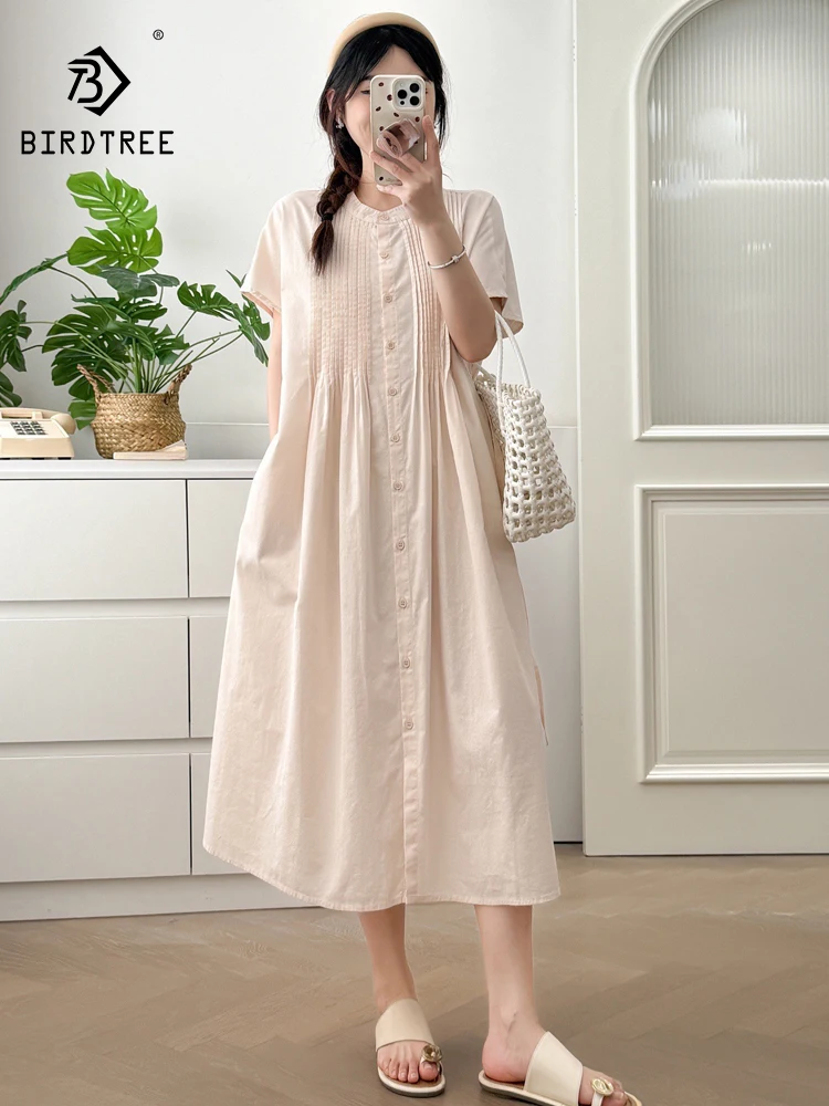 New 2026 Summer Women Cotton Short Sleeve Dresses, Stand Folds Patchwork, Mori Girl Age Reduction Loose A-line Dress D64028CC