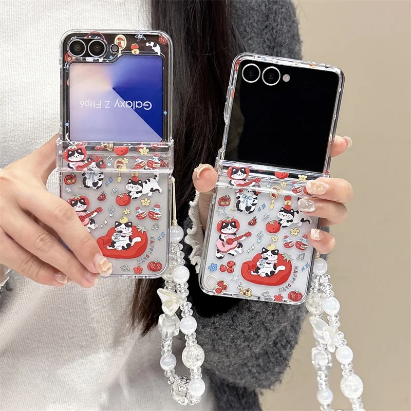 Kawaii الكرتون القط قضية الهاتف لسامسونج غالاكسي Z فليب 7 6 5 4 3 Flip6 Flip7 غطاء مع سلسلة لطيف المفصلي حالات ل ZFlip7 Funda #1
