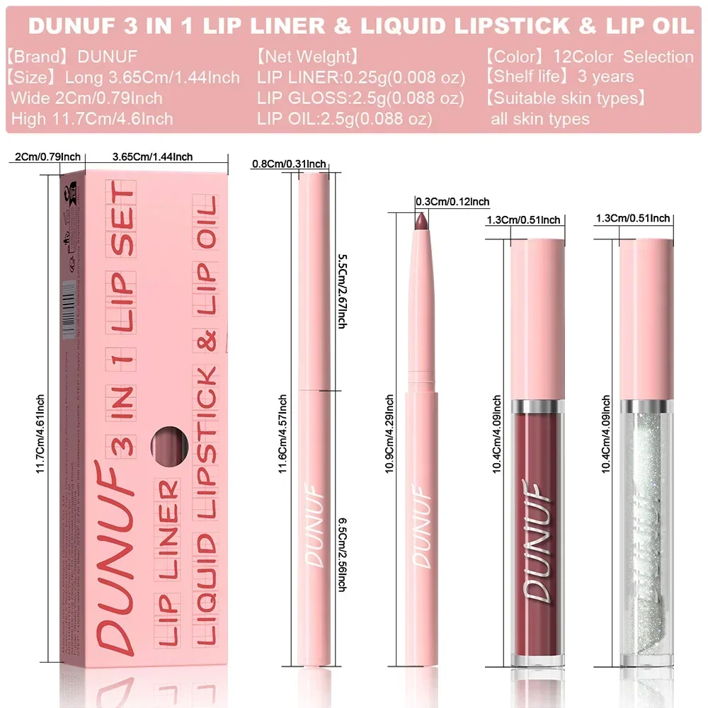 DUNUF 3-in-1 matte lipglazuur lipliner hydrateren heldere lipolie set cosmetica waterdicht langdurige plumer spiegel lippen glans