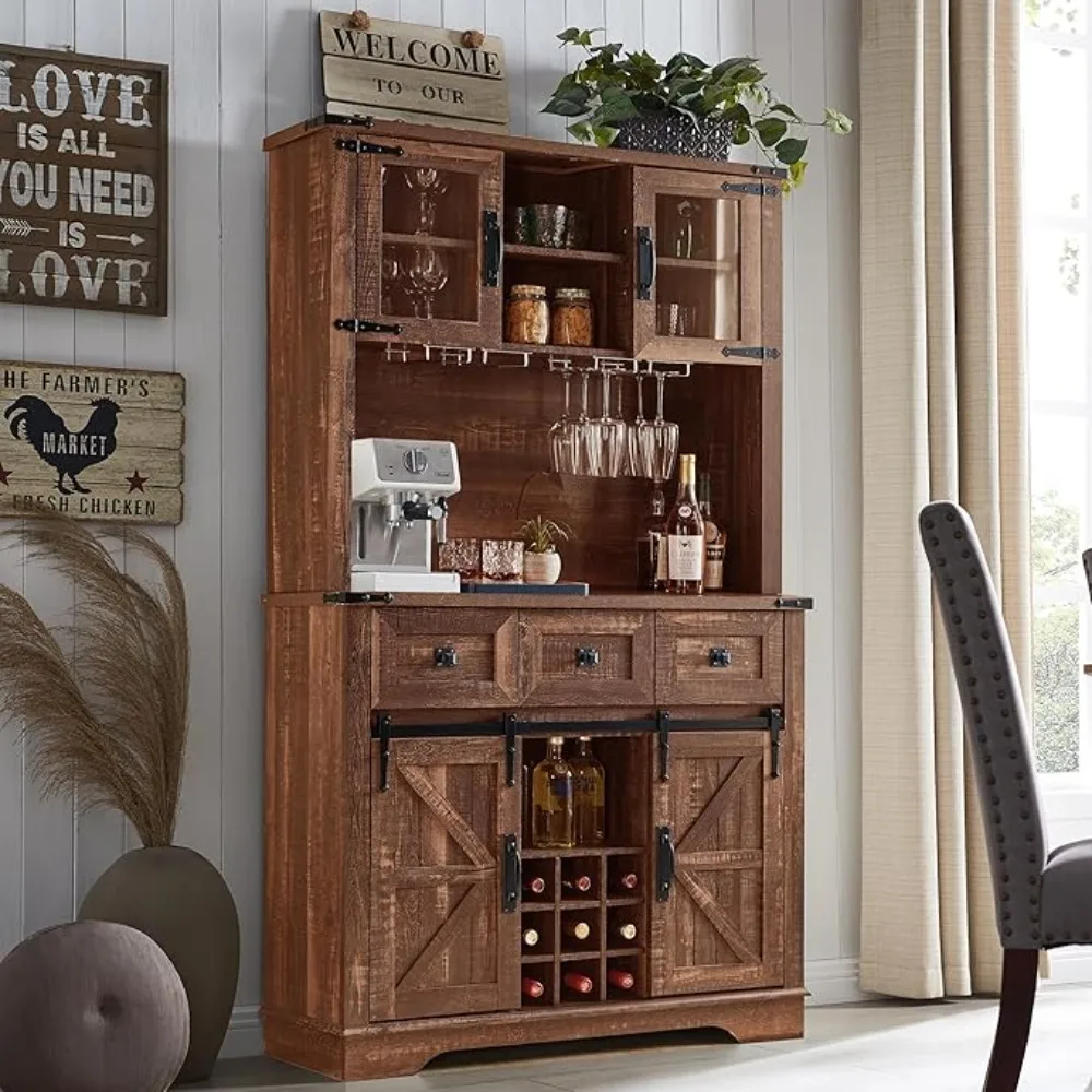 Bar Cabinet with Sliding Barn Door, 72'' Farmhouse Sideboard, Wine Glass Racks, 3 Drawers, LED Lights, Bar Cabinet