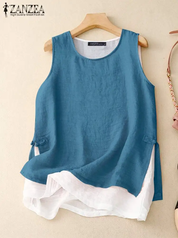 ZANZEA Casual rana bottone fessura Camis donne doppio strato serbatoi moda senza maniche semplici canotte 2024 estate o-collo tuniche
