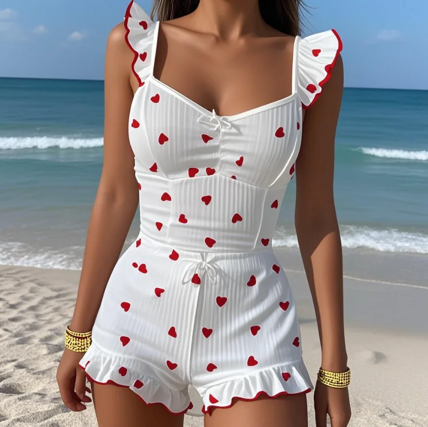 

Pit shorts with ruffled edges and heart printed comfortable casual home wear two-piece set