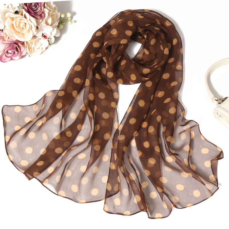 

Spring Autumn Korean Version Silk Scarf Long Female Thin Georgie Simulation Simple Polka Dot Fashion Trend