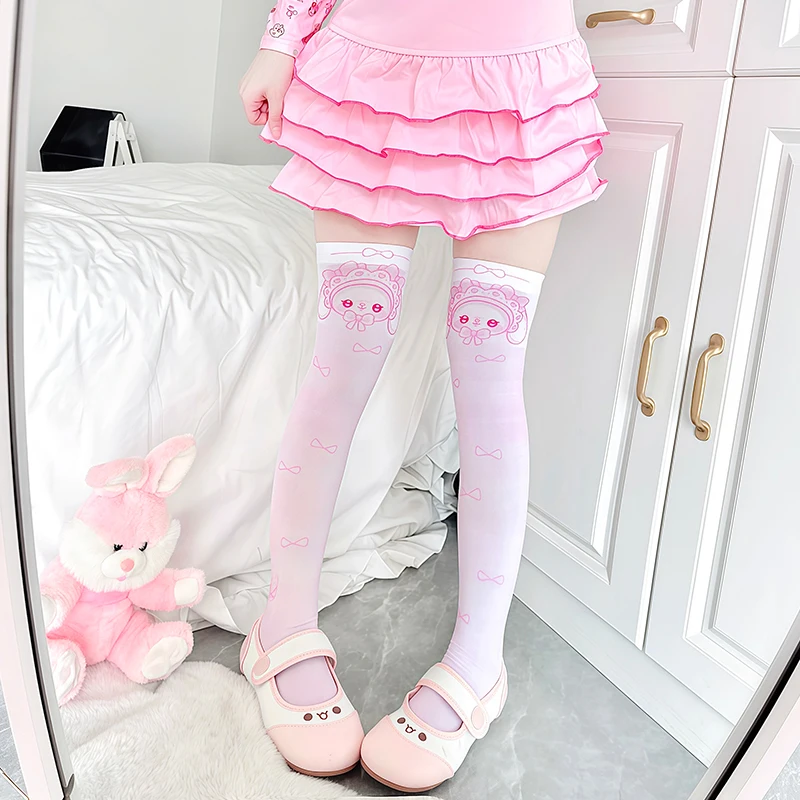 Japanese Original Cartoon Printed Thigh High Stocking Cute Knee High Socks Daily Versatile Sweet Kawaii Velvet Stockings Lolita