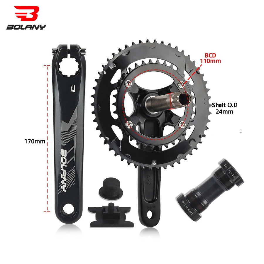 

BOLANY Road Bike Hollow One Piece Sprocket Crankset 110BCD 9-12 Speed Cranks BB91 170mm 34T/50T Aluminum Dual Disc Link Crankset