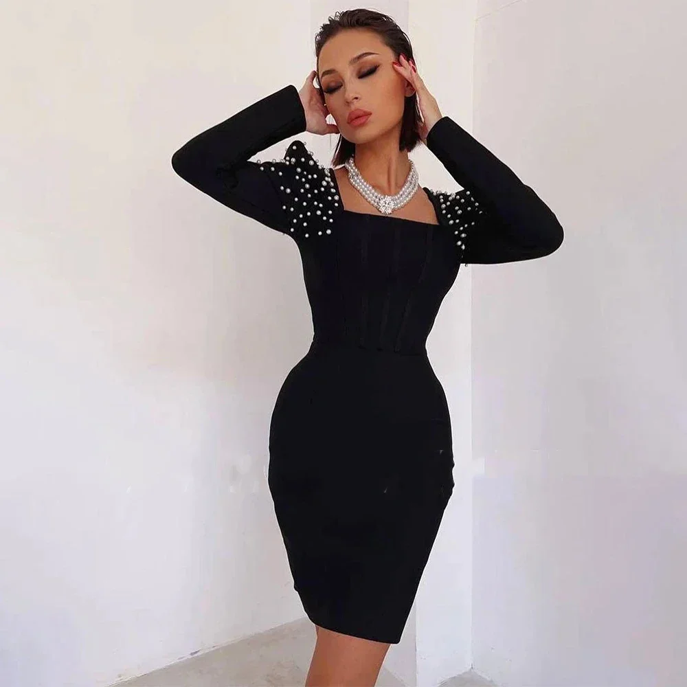 

Jersey Prom Dresses Mini Pearls Square Collar Long Sleeves Cocktail Gowns Short Sheath Birthday Evening Party Dress Customized