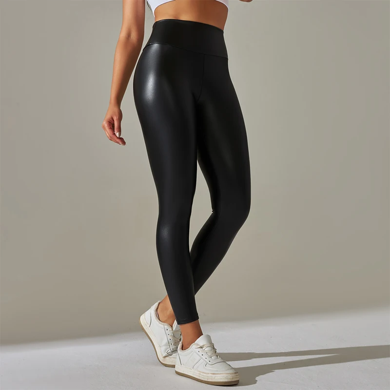 Nuevos pantalones de cuero PU para mujer, mallas coloridas de cintura alta ajustadas, adelgazantes y de Yoga para uso externo