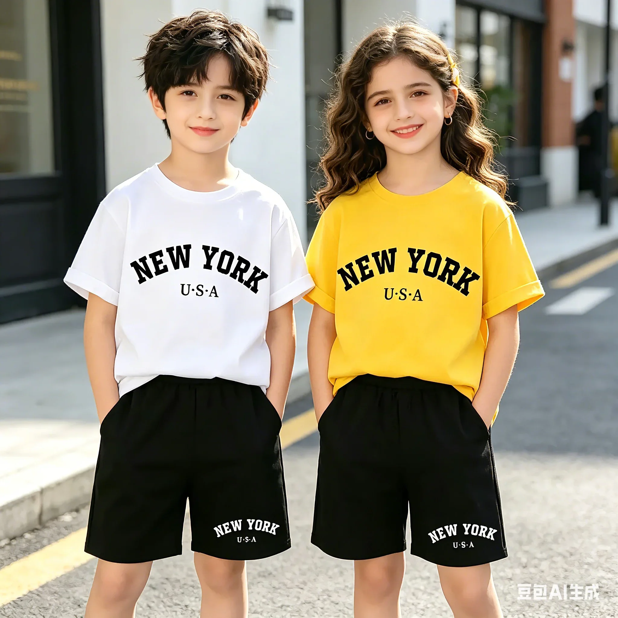 

2026 New York USA Letter Graphic Kids 2Pcs Summer Outfits Boys Girls Short Sleeve Cotton T-shirt + Shorts Sport Casual Children