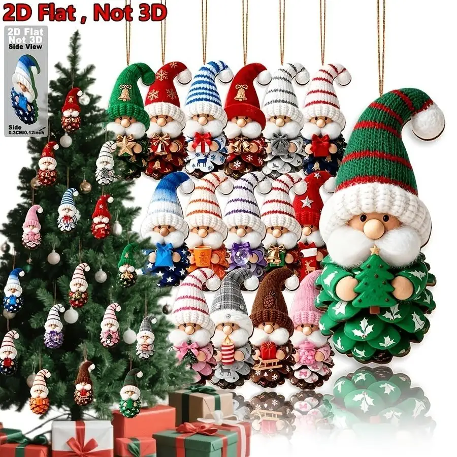 1/5/10/20/50/100pcs Flat 2D Christmas Decorations, 16-Piece Set, Wooden Gnome Ornaments, Christmas Tree Ornaments, Hanging Chris