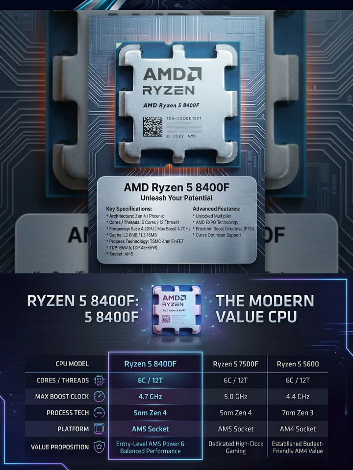 AMD Ryzen 5 8400F New R5 8400F 6 Cores 12 Threads 4.2GHz Desktop