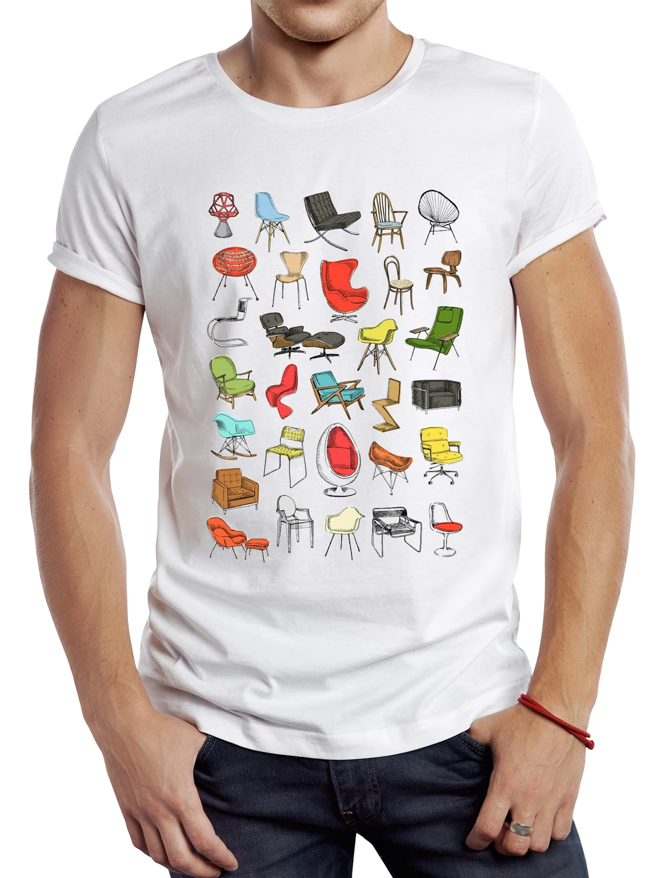 

FPACE Men Vintage Furniture Printed T shirt Streetwear Retro Mid Century Chairs Tops Hipster Tee