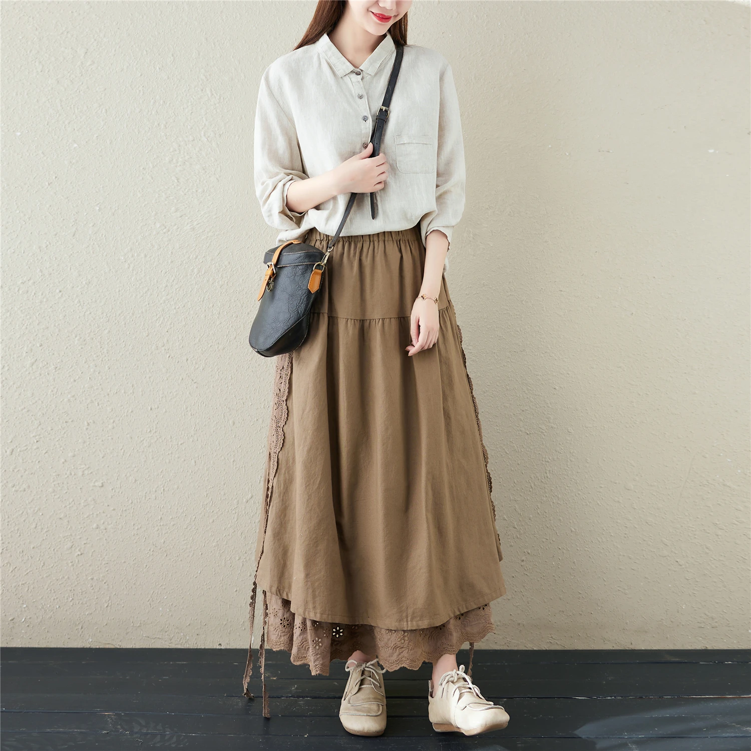 Japanese Style Linen Lined Belted Midi Skirt Women's Heavy Embroidery Elastic Waist A-Line Sweet Skirt Casual High Waist