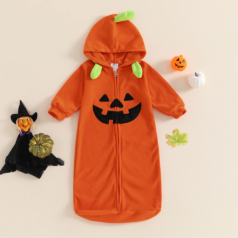 Baby Halloween Sleeping Bag Pumpkin Print Fleece Long Sleeve Hooded Sleep Sacks for Fall Winter