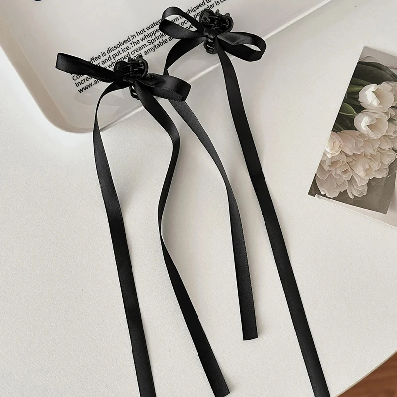 2PCS Korean Ribbon Long Bow Hair Claw Side Clips Headwear For Women Girls Color Sweet Hairpin Ponytails Cute Hair Accessories