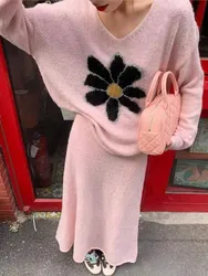 Chrysanthemum Jacquard V-neck Loose Sweater A-line Long Skirt Set 2024 Autumn Winter Pink Knit Pullovers Top Fashion 2 Piece Set