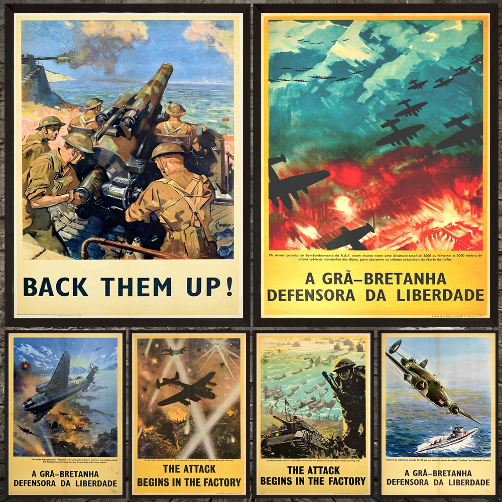 Vintage Wwii Propaganda Poster And Print,The Factory Bomber And Ships Battlefield Antique Wall Art Canvas Painting Home Decor