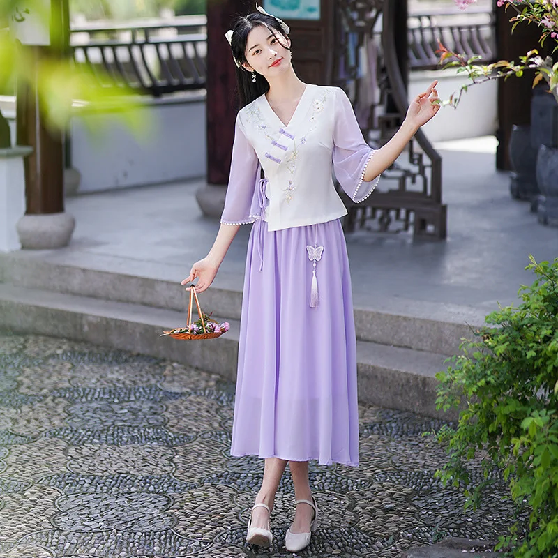 

Yourqipao Summer Daily Embroidery Improvement Hanfu Chinese Style Cute Tang Suit Tops Skirt Sets Tea Art Tea Suit for Women