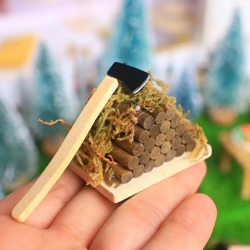 Conjunto de Brinquedos Interativos de Faz de Conta, Machado Miniatura e Pilha de Lenha para Cenário de Jardim de Casa de Bonecas
