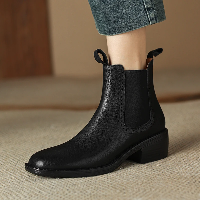 2024 New Autumn/Winter Women Boots Round Toe Chunky Heel Ankle Boots Women Genuine Leather Shoes for Women Concise Chelsea Boots