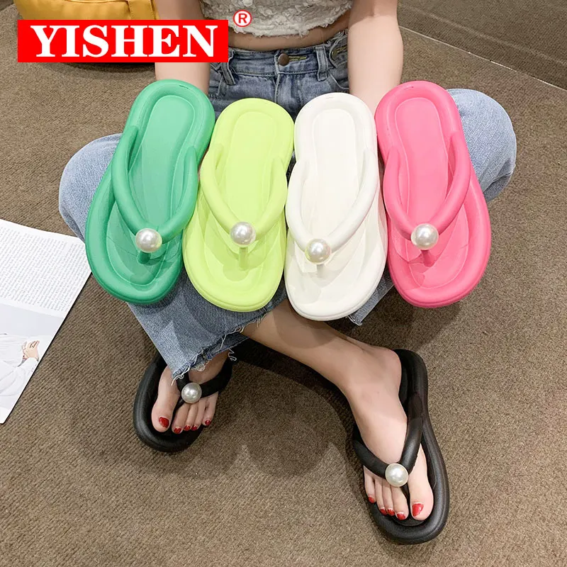 

Шлепанцы YISHEN женские летние, элегантные Нескользящие, с жемчугом, Повседневная Уличная обувь на плоской подошве для девушек