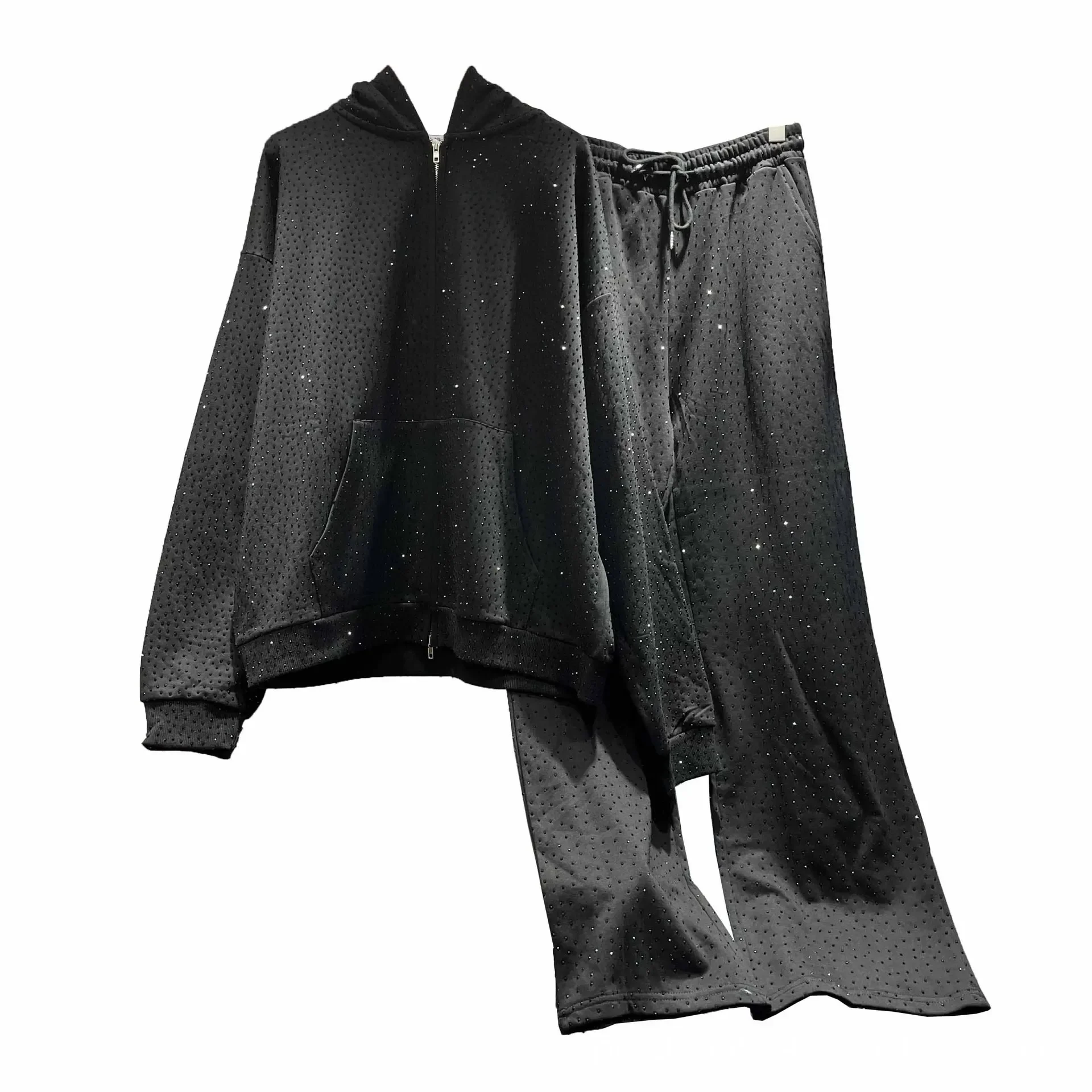 Ensemble manteau et pantalon à capuche pour femme, style américain, rue haute, version diamant tendance, RapIndustry, fermeture éclair, automne, nouveau, 2024