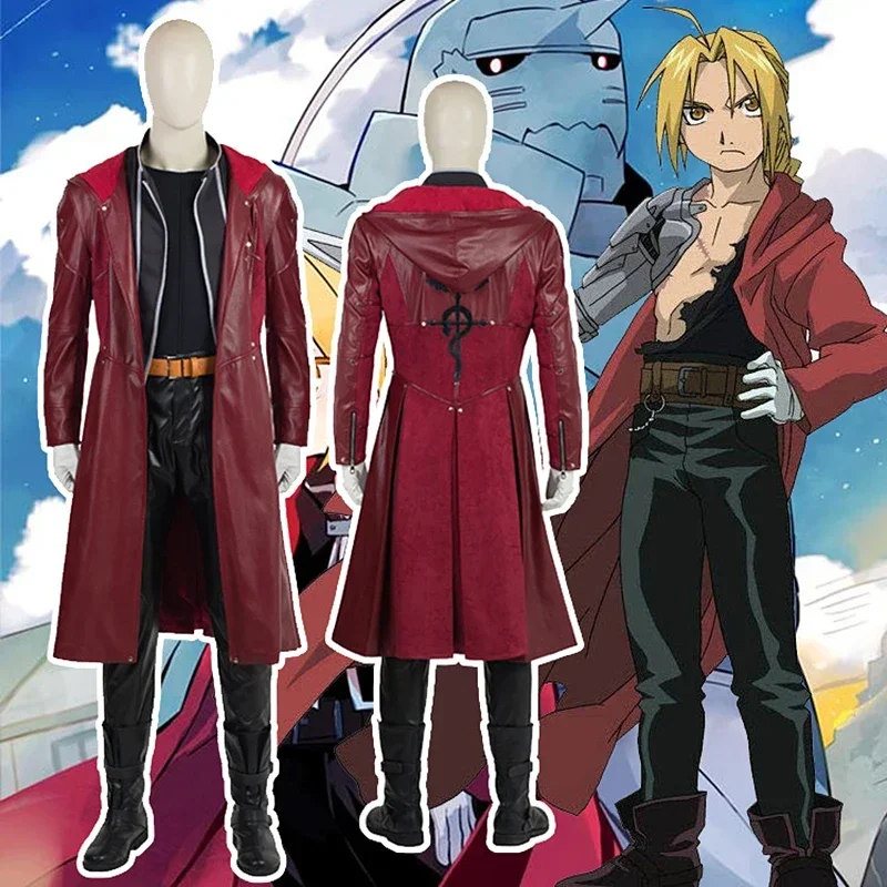 Anime Manga Fullmetal Alchemist Edward Elric Cosplay Costume Leather Trench Coat Vest Pants Set Man Clothes Halloween Costume