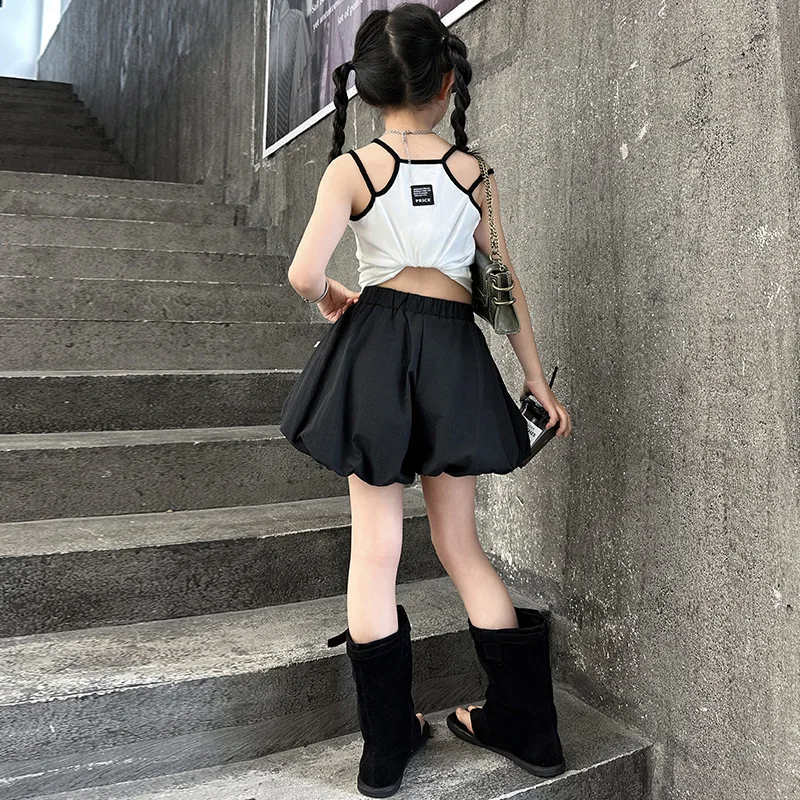 Girls' summer sling vest set new big children's fashionable summer bud shorts trendy  two-piece set White Tank Black Short Pants