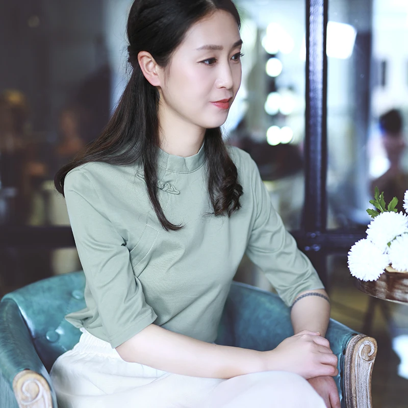 

Ретро-футболка в китайском стиле с пуговицами, тонкая, из чистого хлопка, с воротником-стойкой, с рукавом до локтя, весна-лето, женская модная одежда