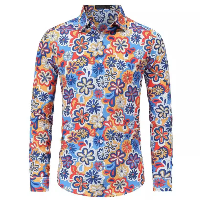 

Halloween Hippie 70s Disco Hip Hop Button Flower Retro Long Sleeve Shirt New Men'S Casual Blouse Unisex Tops Long Sleeves Shirts
