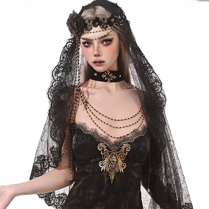 할로윈 블랙 레이스 모자를 쓰고 있죠 유령 신부 어두운 마녀 수녀 공주 고딕 액세서리 빈티지 중세 코스프레 베일