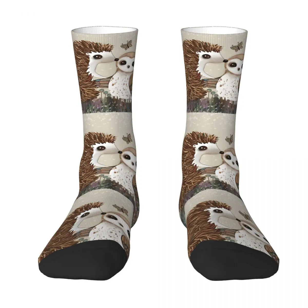 Funny Men's Socks Owl And Hedgehog Retro Street Style Crazy Crew Sock Gift Pattern Printed