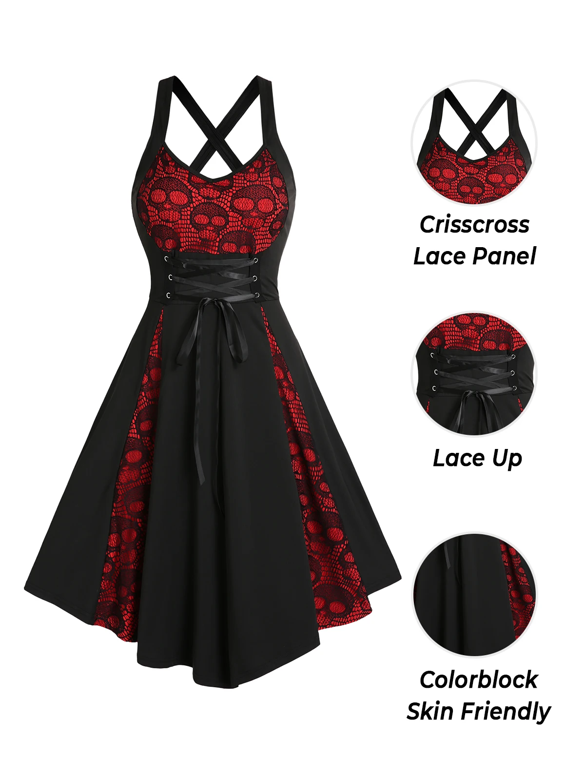 Dressfo 2024 Womens Gothic Dress Skull Lace Godet Dress Lace Up Cross Back A Line Dress Halloween Dresses