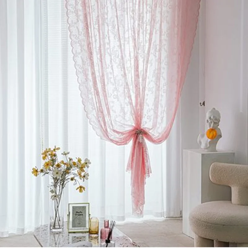 Simple white pink beige purple hollow out lace curtain yarn шторы tulle rod pocket cortinas curtain for living room тюль на окна