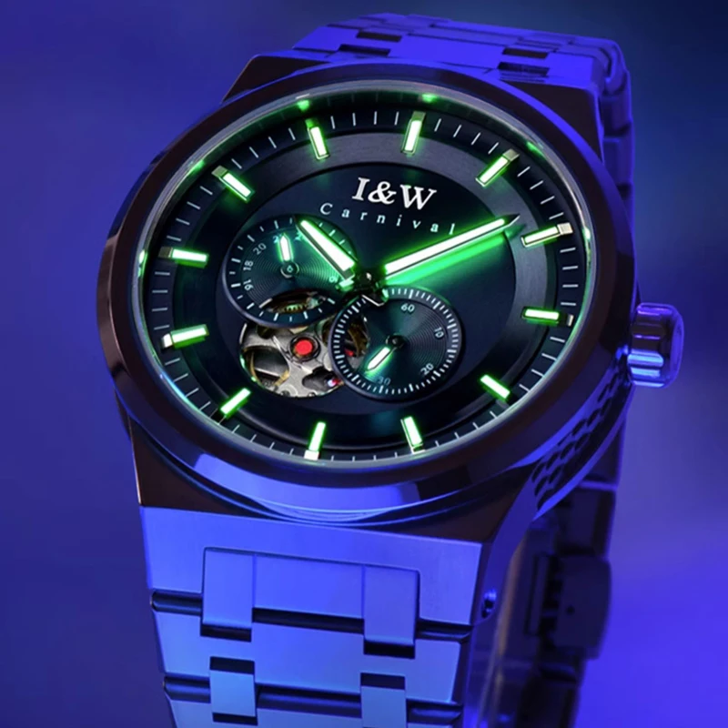 Carnival Brand IW High-End Series Fashion Grey Mechanical Watch Men Stainless Steel 50m Waterproof HD Luminous Luxury Watches