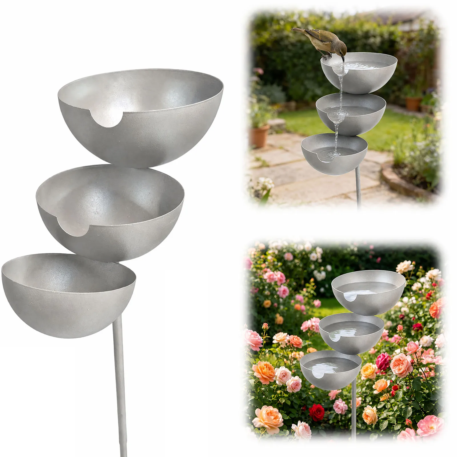 3-Tiered Garden Stands with Rainwater Collectors Rain Catcher Bird Bath Birds Feeder Water Bowl Stake for Butterfly Bee Bird