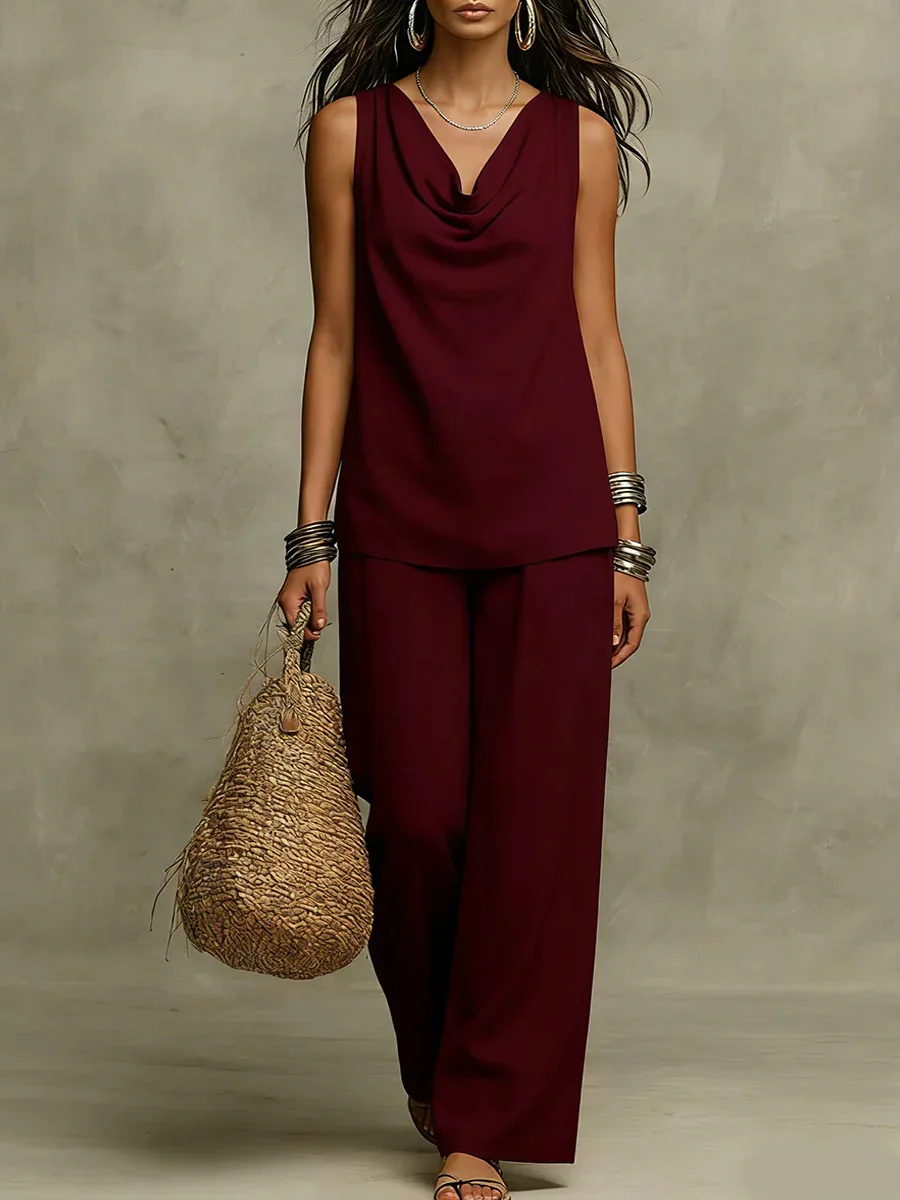 2026 V-neck Sleeveless Vest Solid Color Pullover Loose Pullover T-shirt Wide Leg Casual Pants Two-piece Set Women's Casual Suit