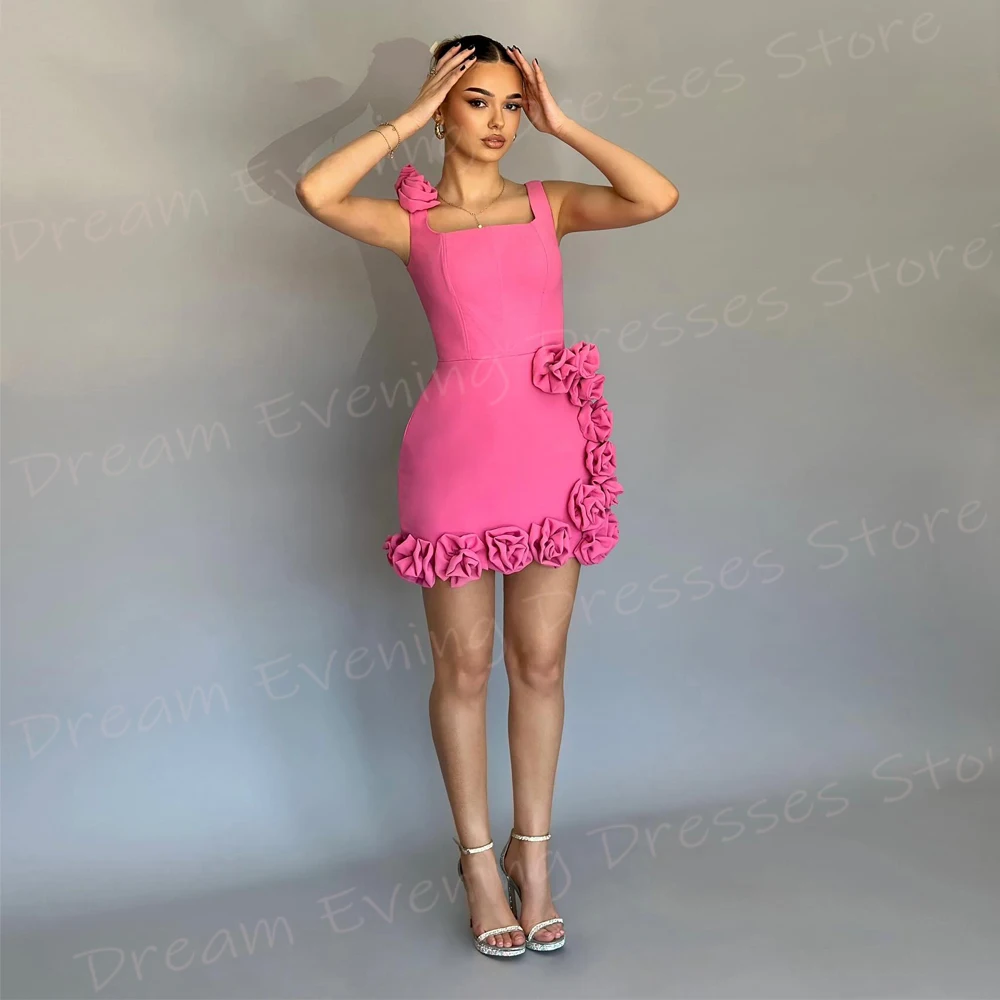 Anmutige rosa Meerjungfrau einfache Frauen Abendkleider modische quadratische Kragen ärmellose Ballkleider 3d Blumen vestido de noche