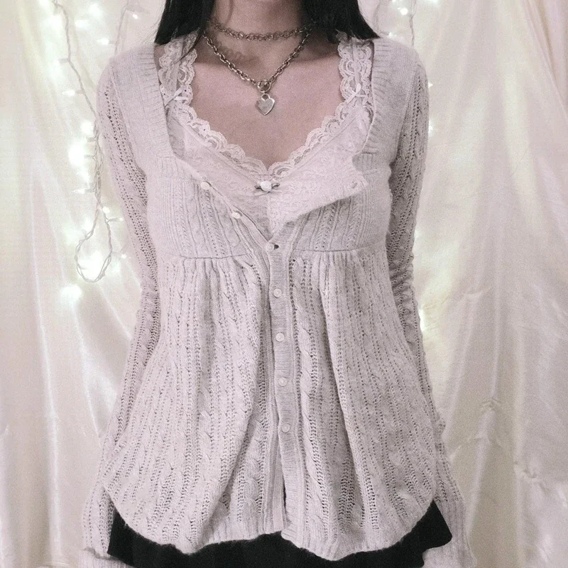 Women Y2K Cable Knit Sweater Long Sleeve Jumper Tops Spring Autumn Retro Mall Goth Emo 00s Vintage Tees Cardigan Knitwear