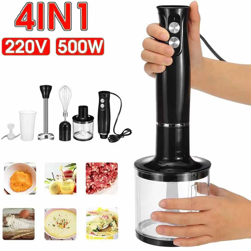Batidora Eléctrica 4 en 1 de 500W, Batidora de Inmersión con Varilla de Acero Inoxidable, Cuchillas para Hielo, Picadora de Verduras y Carne, Batidora de Huevos