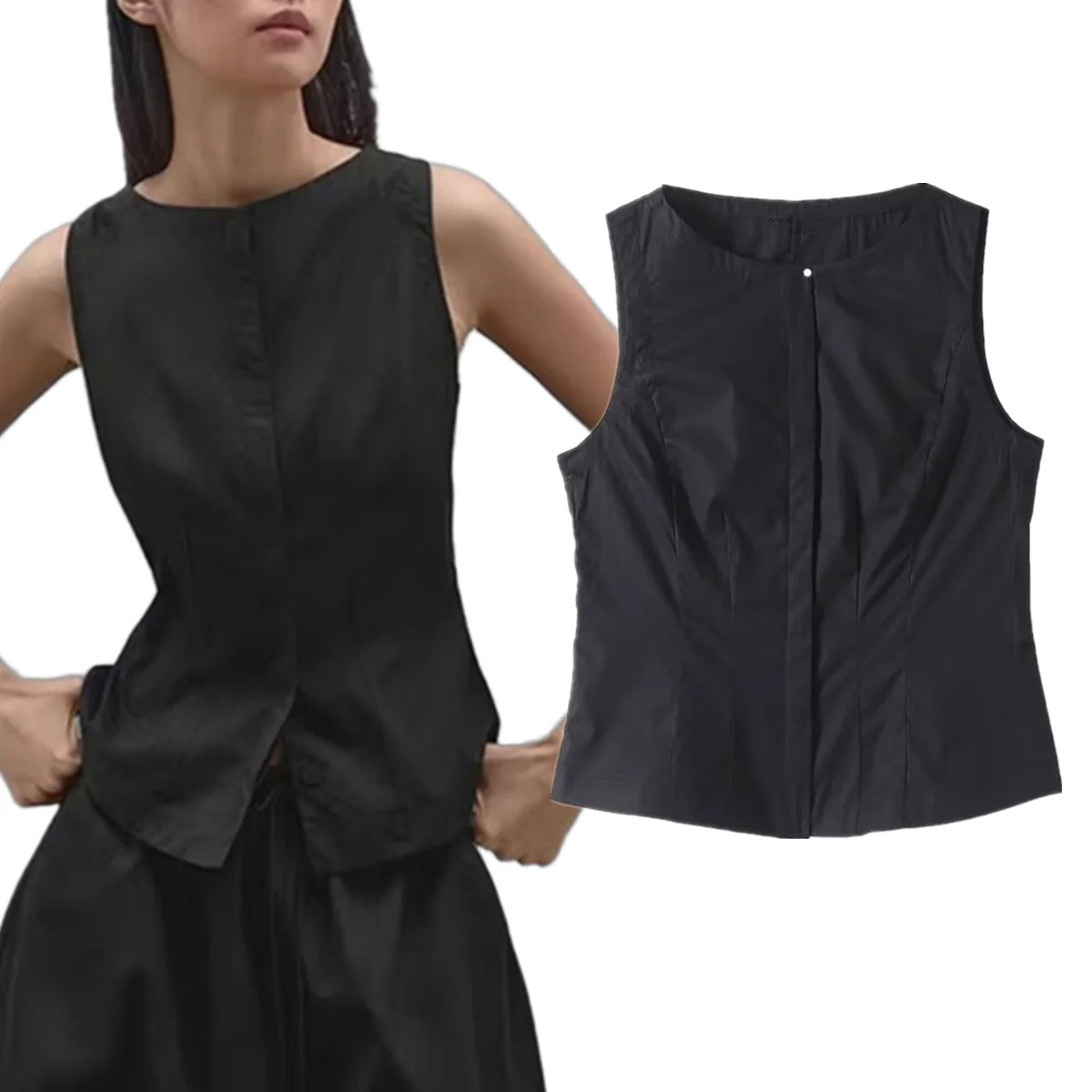 

Maxdutti Minimalist Black Sleeveless Vest Summer Blouse Women Cotton Shirt Tops For Women